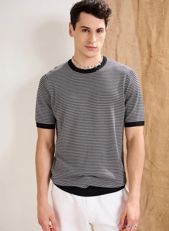 Mascln Sassafras Mascln Sassafras Black and Grey Striped Premium Knit T-Shirt